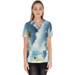 Delicate Watercolor Painting Surreal Oasis Scene With Intense Dramatic Lighting Women s V-Neck Scrub Top