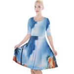 Delicate Watercolor Painting Surreal Oasis Scene With Intense Dramatic Lighting Quarter Sleeve A-Line Dress