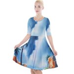 Delicate Watercolor Painting Surreal Oasis Scene With Intense Dramatic Lighting Quarter Sleeve A-Line Dress With Pockets