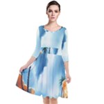 Delicate Watercolor Painting Surreal Oasis Scene With Intense Dramatic Lighting Quarter Sleeve Waist Band Dress