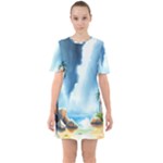 Delicate Watercolor Painting Surreal Oasis Scene With Intense Dramatic Lighting Sixties Short Sleeve Mini Dress