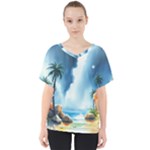 Delicate Watercolor Painting Surreal Oasis Scene With Intense Dramatic Lighting V-Neck Dolman Drape Top