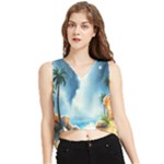 Delicate Watercolor Painting Surreal Oasis Scene With Intense Dramatic Lighting V-Neck Cropped Tank Top