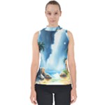 Delicate Watercolor Painting Surreal Oasis Scene With Intense Dramatic Lighting Mock Neck Shell Top