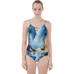 Delicate Watercolor Painting Surreal Oasis Scene With Intense Dramatic Lighting Cut Out Top Tankini Set