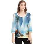 Delicate Watercolor Painting Surreal Oasis Scene With Intense Dramatic Lighting Chiffon Quarter Sleeve Blouse