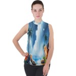 Delicate Watercolor Painting Surreal Oasis Scene With Intense Dramatic Lighting Mock Neck Chiffon Sleeveless Top