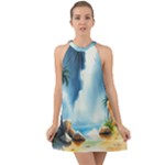 Delicate Watercolor Painting Surreal Oasis Scene With Intense Dramatic Lighting Halter Tie Back Chiffon Dress