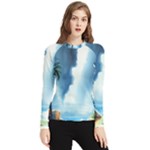 Delicate Watercolor Painting Surreal Oasis Scene With Intense Dramatic Lighting Women s Long Sleeve Rash Guard