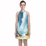 Delicate Watercolor Painting Surreal Oasis Scene With Intense Dramatic Lighting Velvet Halter Neckline Dress 