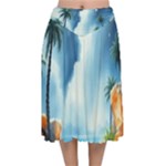 Delicate Watercolor Painting Surreal Oasis Scene With Intense Dramatic Lighting Velvet Flared Midi Skirt