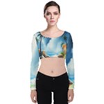 Delicate Watercolor Painting Surreal Oasis Scene With Intense Dramatic Lighting Velvet Long Sleeve Crop Top