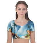 Delicate Watercolor Painting Surreal Oasis Scene With Intense Dramatic Lighting Velvet Short Sleeve Crop Top 