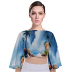 Delicate Watercolor Painting Surreal Oasis Scene With Intense Dramatic Lighting Tie Back Butterfly Sleeve Chiffon Top