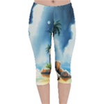 Delicate Watercolor Painting Surreal Oasis Scene With Intense Dramatic Lighting Velvet Capri Leggings 