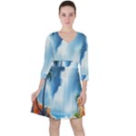 Delicate Watercolor Painting Surreal Oasis Scene With Intense Dramatic Lighting Quarter Sleeve Ruffle Waist Dress