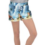 Delicate Watercolor Painting Surreal Oasis Scene With Intense Dramatic Lighting Women s Velour Lounge Shorts