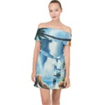 Delicate Watercolor Painting Surreal Oasis Scene With Intense Dramatic Lighting Off Shoulder Chiffon Dress