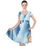 Delicate Watercolor Painting Surreal Oasis Scene With Intense Dramatic Lighting Cap Sleeve Midi Dress