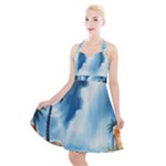 Delicate Watercolor Painting Surreal Oasis Scene With Intense Dramatic Lighting Halter Party Swing Dress 