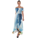 Delicate Watercolor Painting Surreal Oasis Scene With Intense Dramatic Lighting Off Shoulder Open Front Chiffon Dress