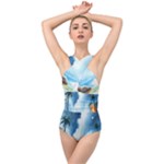 Delicate Watercolor Painting Surreal Oasis Scene With Intense Dramatic Lighting Cross Front Low Back Swimsuit