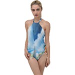 Delicate Watercolor Painting Surreal Oasis Scene With Intense Dramatic Lighting Go with the Flow One Piece Swimsuit