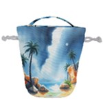 Delicate Watercolor Painting Surreal Oasis Scene With Intense Dramatic Lighting Drawstring Bucket Bag