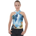 Delicate Watercolor Painting Surreal Oasis Scene With Intense Dramatic Lighting Cross Neck Velour Top