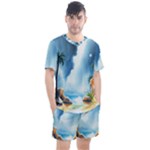 Delicate Watercolor Painting Surreal Oasis Scene With Intense Dramatic Lighting Men s Mesh T-Shirt and Shorts Set