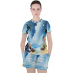 Delicate Watercolor Painting Surreal Oasis Scene With Intense Dramatic Lighting Women s T-Shirt and Shorts Set