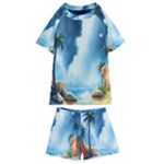 Delicate Watercolor Painting Surreal Oasis Scene With Intense Dramatic Lighting Kids  Swim T-Shirt and Shorts Set