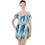 Delicate Watercolor Painting Surreal Oasis Scene With Intense Dramatic Lighting Ruffle Cut Out Chiffon Playsuit