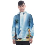 Delicate Watercolor Painting Surreal Oasis Scene With Intense Dramatic Lighting Men s Front Pocket Pullover Windbreaker