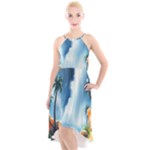 Delicate Watercolor Painting Surreal Oasis Scene With Intense Dramatic Lighting High-Low Halter Chiffon Dress 