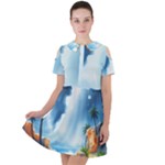 Delicate Watercolor Painting Surreal Oasis Scene With Intense Dramatic Lighting Short Sleeve Shoulder Cut Out Dress 