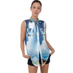 Delicate Watercolor Painting Surreal Oasis Scene With Intense Dramatic Lighting Sleeveless Chiffon Button Shirt