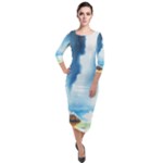 Delicate Watercolor Painting Surreal Oasis Scene With Intense Dramatic Lighting Quarter Sleeve Midi Velour Bodycon Dress