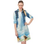 Delicate Watercolor Painting Surreal Oasis Scene With Intense Dramatic Lighting Long Sleeve Mini Shirt Dress