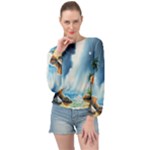 Delicate Watercolor Painting Surreal Oasis Scene With Intense Dramatic Lighting Banded Bottom Chiffon Top