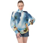 Delicate Watercolor Painting Surreal Oasis Scene With Intense Dramatic Lighting High Neck Long Sleeve Chiffon Top