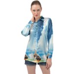 Delicate Watercolor Painting Surreal Oasis Scene With Intense Dramatic Lighting Long Sleeve Satin Shirt