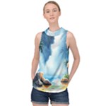 Delicate Watercolor Painting Surreal Oasis Scene With Intense Dramatic Lighting High Neck Satin Top