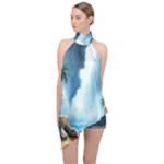 Delicate Watercolor Painting Surreal Oasis Scene With Intense Dramatic Lighting Halter Asymmetric Satin Top