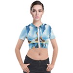 Delicate Watercolor Painting Surreal Oasis Scene With Intense Dramatic Lighting Short Sleeve Cropped Jacket