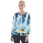 Delicate Watercolor Painting Surreal Oasis Scene With Intense Dramatic Lighting Velvet Zip Up Jacket