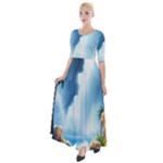 Delicate Watercolor Painting Surreal Oasis Scene With Intense Dramatic Lighting Half Sleeves Maxi Dress