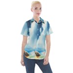 Delicate Watercolor Painting Surreal Oasis Scene With Intense Dramatic Lighting Women s Short Sleeve Pocket Shirt