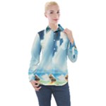 Delicate Watercolor Painting Surreal Oasis Scene With Intense Dramatic Lighting Women s Long Sleeve Pocket Shirt