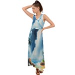 Delicate Watercolor Painting Surreal Oasis Scene With Intense Dramatic Lighting V-Neck Chiffon Maxi Dress